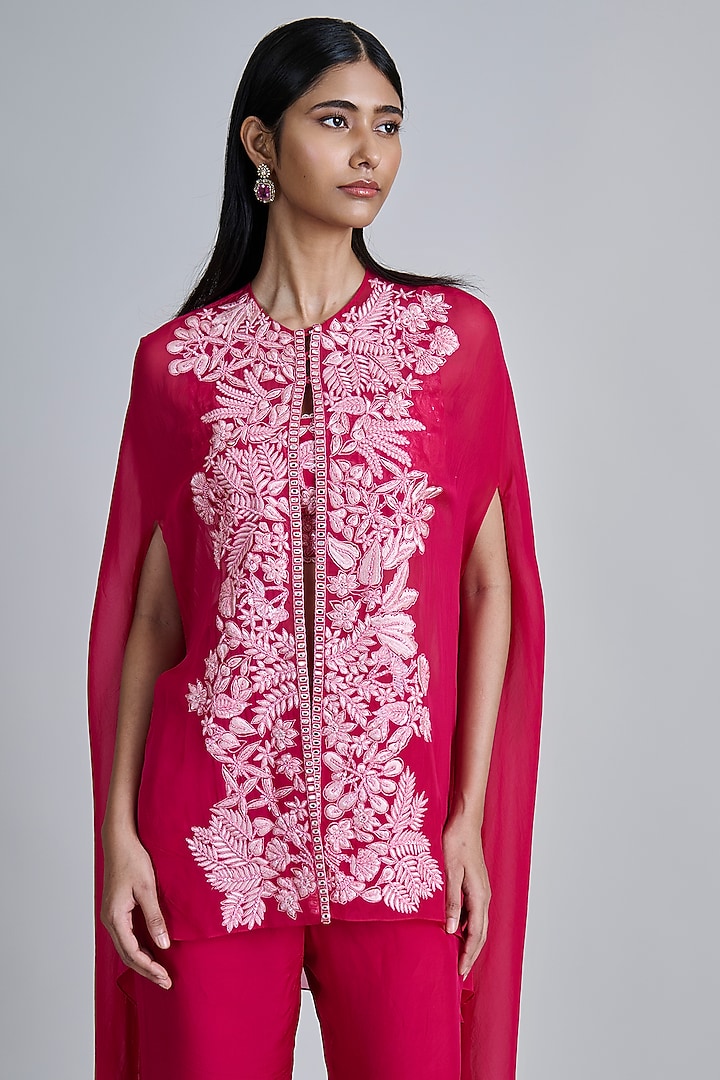 Fuchsia Pink Organza Floral Cape Set by Mishru at Pernia's Pop Up Shop