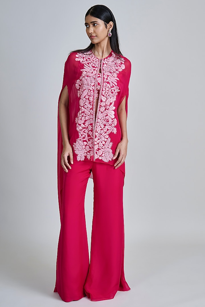 Fuchsia Pink Organza Floral Cape Set by Mishru at Pernia's Pop Up Shop