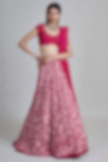 Fuchsia Pink Organza Floral Embroidered Bridal Lehenga Set by Mishru at Pernia's Pop Up Shop