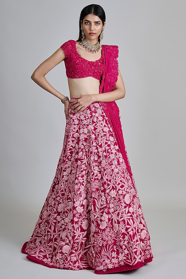 Fuchsia Pink Organza Floral Embroidered Bridal Lehenga Set by Mishru at Pernia's Pop Up Shop