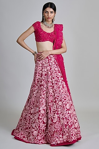 Fuchsia Pink Organza Floral Embroidered Lehenga Set by Mishru