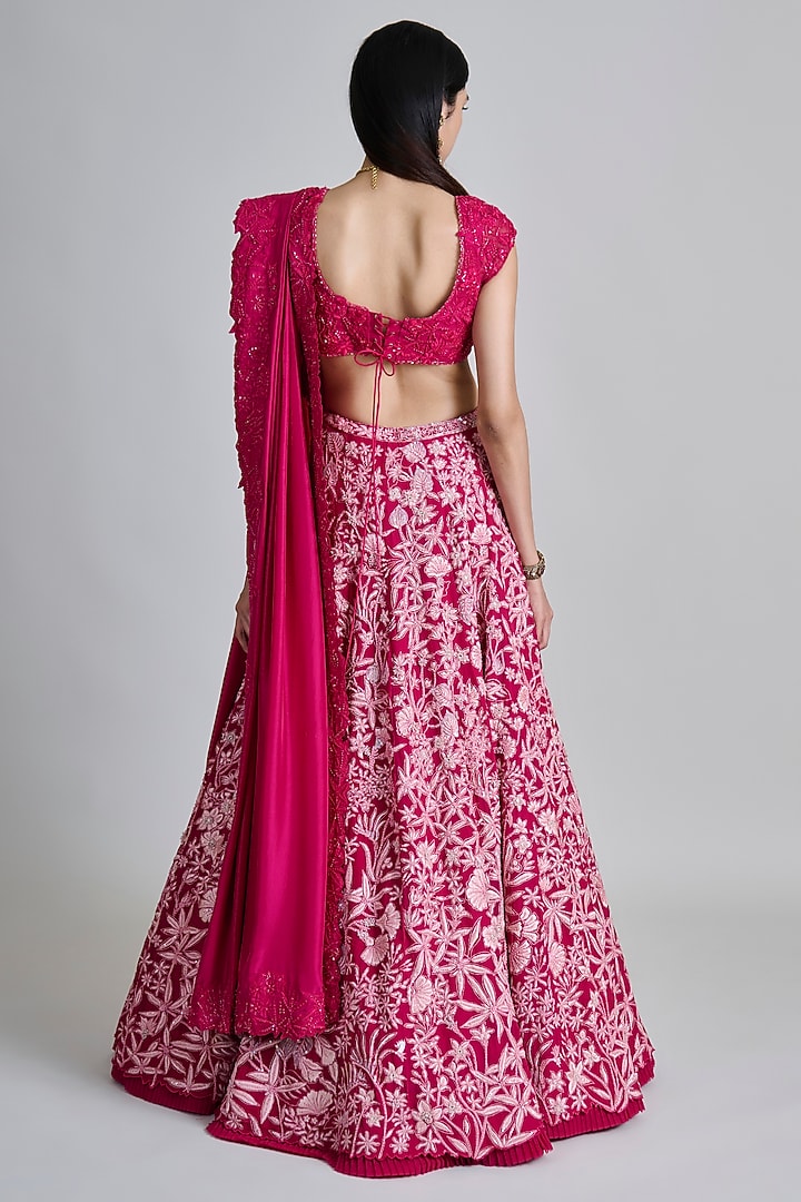 Fuchsia Pink Organza Floral Embroidered Bridal Lehenga Set by Mishru at Pernia's Pop Up Shop
