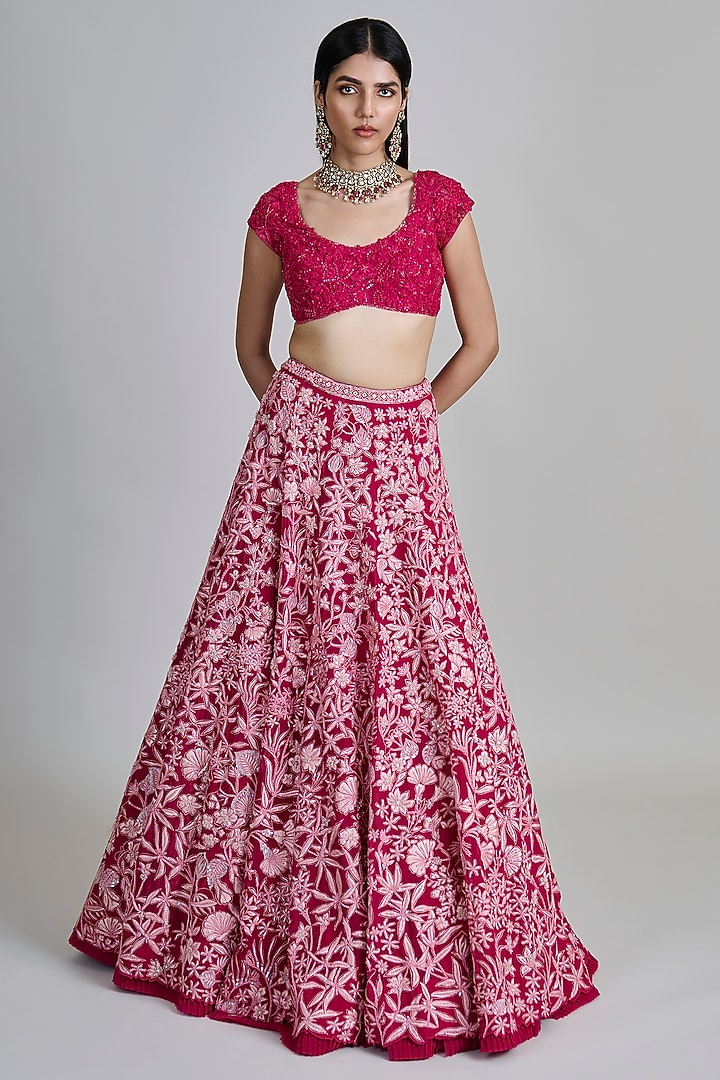 Fuchsia Pink Organza Floral Embroidered Bridal Lehenga Set by Mishru at Pernia's Pop Up Shop
