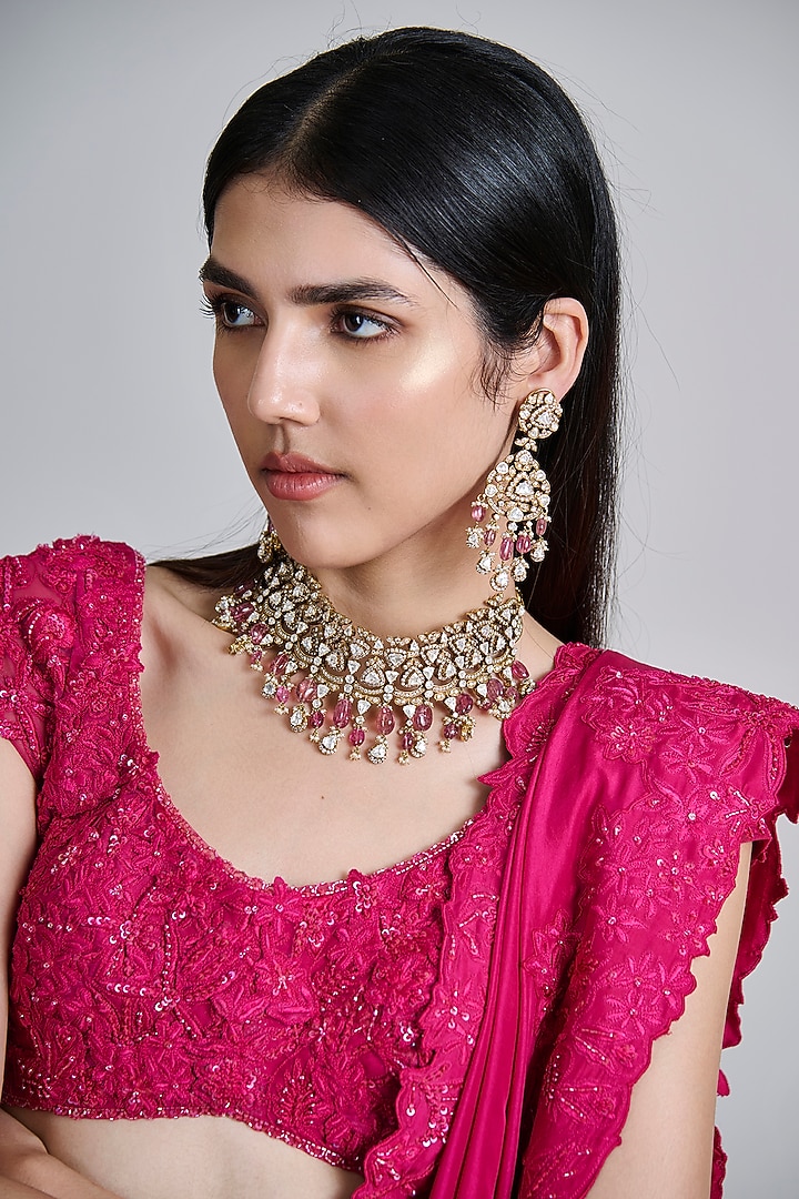 Fuchsia Pink Organza Floral Embroidered Bridal Lehenga Set by Mishru at Pernia's Pop Up Shop
