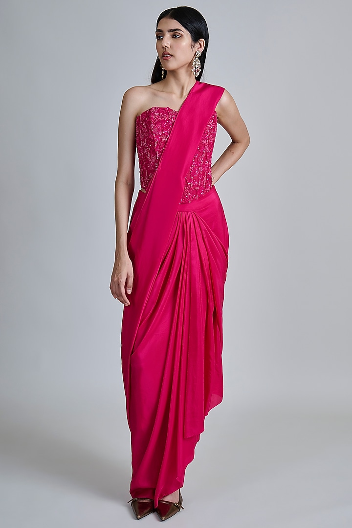 Fuchsia Pink Silk Pre-Draped Reception Saree Set by Mishru at Pernia's Pop Up Shop