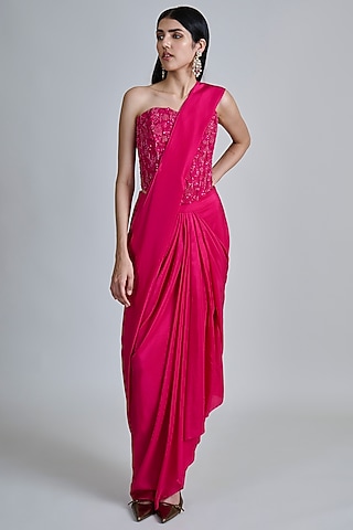 Fuchsia Pink Silk Pre-Draped Saree Set by Mishru