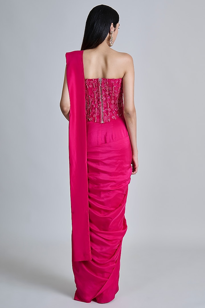 Fuchsia Pink Silk Pre-Draped Reception Saree Set by Mishru at Pernia's Pop Up Shop