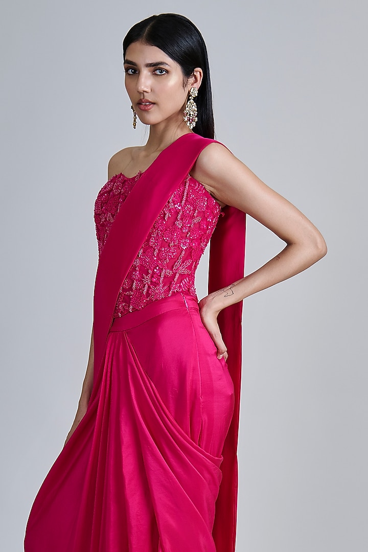 Fuchsia Pink Silk Pre-Draped Reception Saree Set by Mishru at Pernia's Pop Up Shop