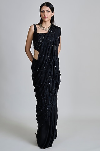 Black Organza Smocked Saree Set by Mishru