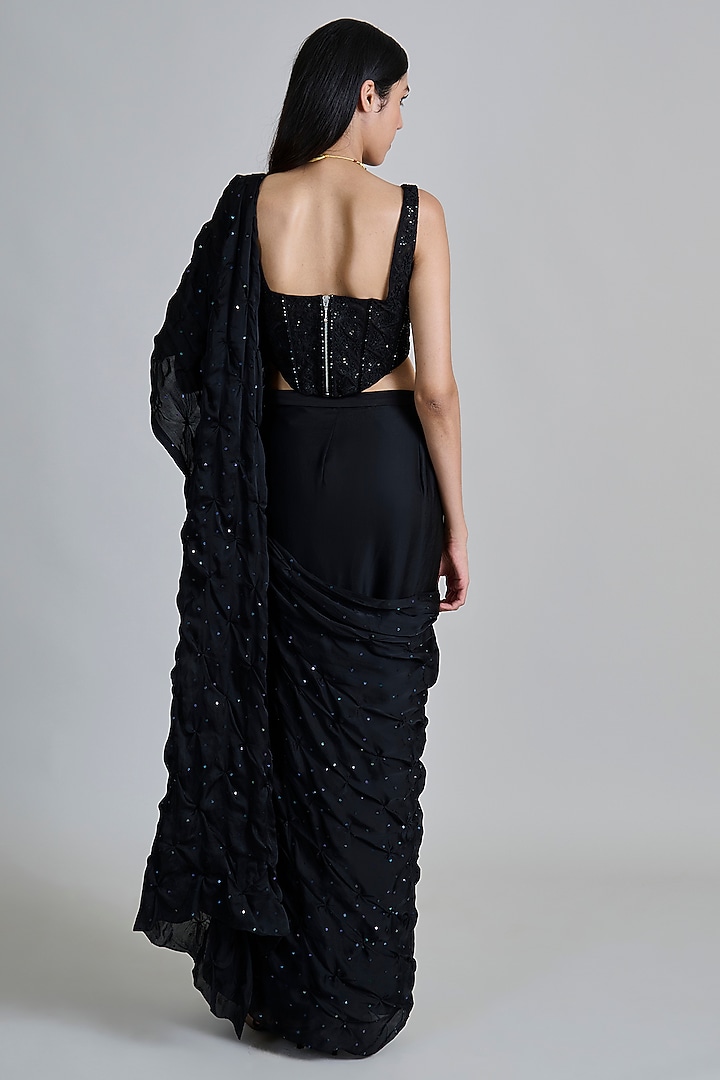 Black Organza Smocked Bridal Saree Set by Mishru at Pernia's Pop Up Shop
