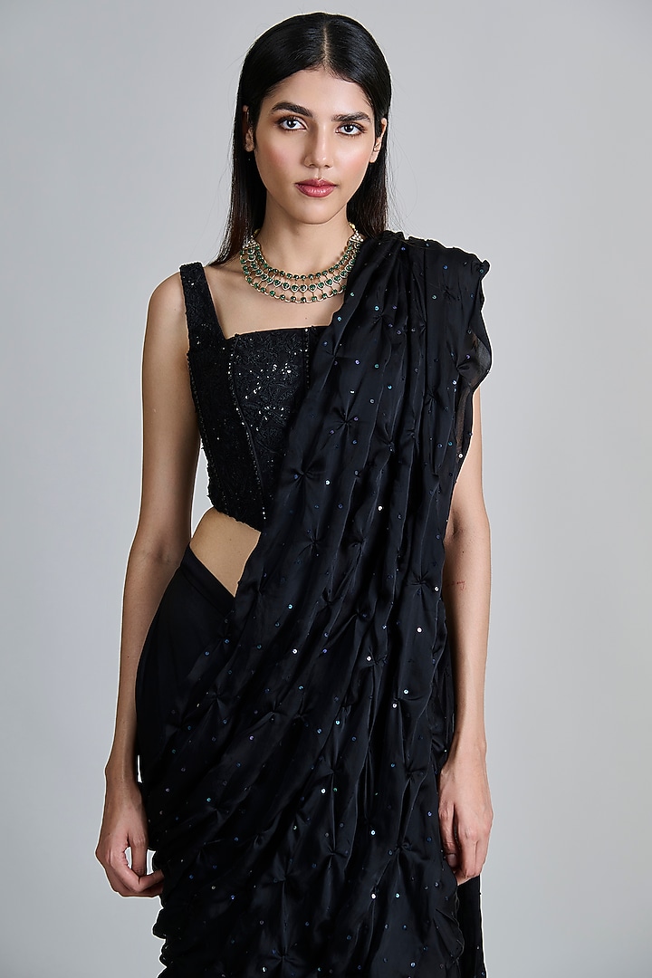Black Organza Smocked Bridal Saree Set by Mishru at Pernia's Pop Up Shop