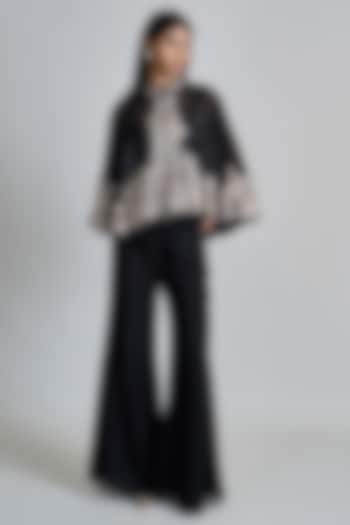 Black Organza Floral Embroidered Round Cape Set by Mishru at Pernia's Pop Up Shop