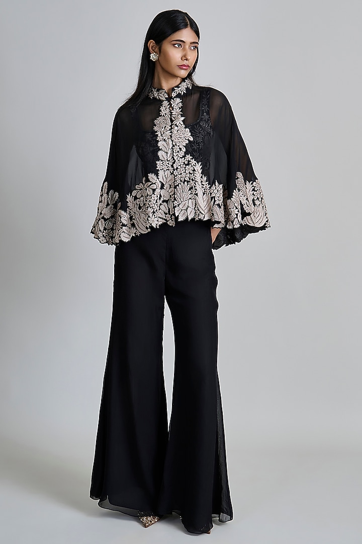 Black Organza Floral Embroidered Round Cape Set by Mishru at Pernia's Pop Up Shop