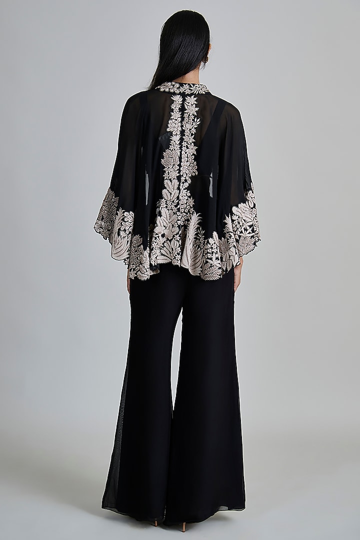 Black Organza Floral Embroidered Round Cape Set by Mishru at Pernia's Pop Up Shop