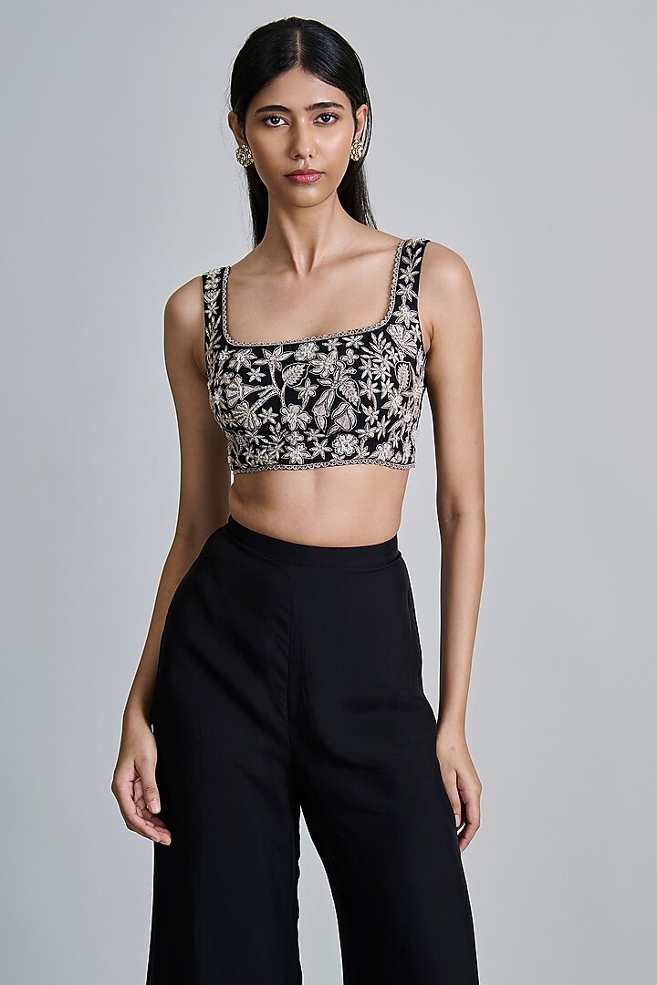 Black Organza Floral Embroidered Round Cape Set by Mishru at Pernia's Pop Up Shop