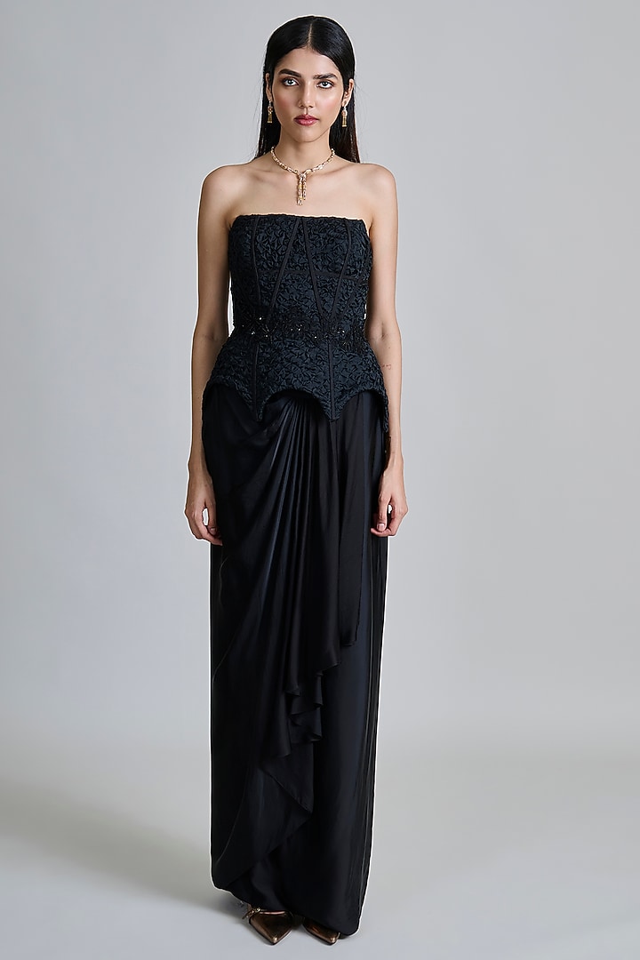 Black Satin Draped Skirt Set by Mishru at Pernia's Pop Up Shop