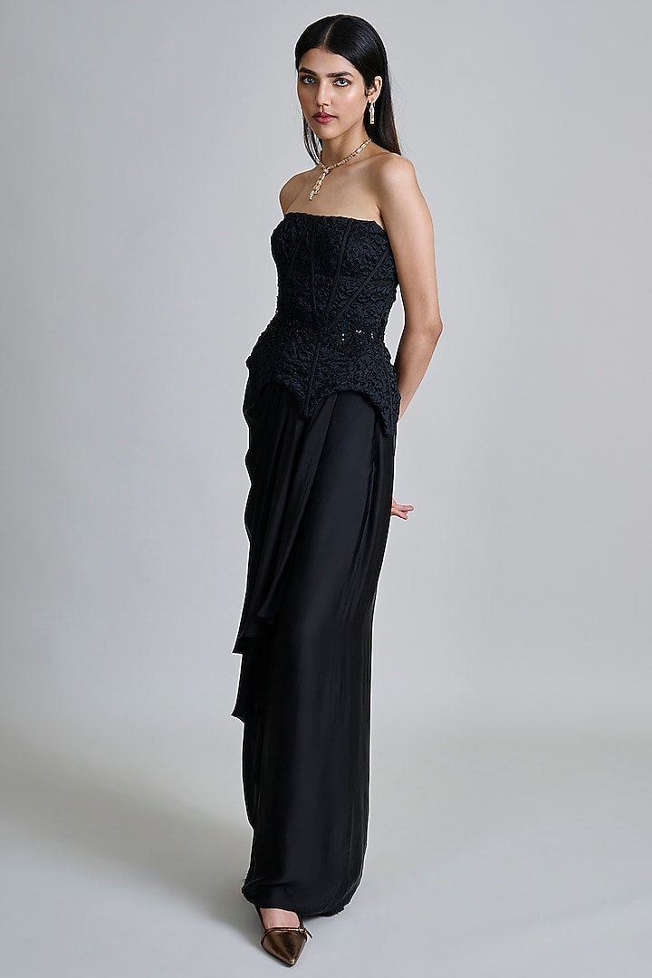 Black Satin Draped Skirt Set by Mishru at Pernia's Pop Up Shop