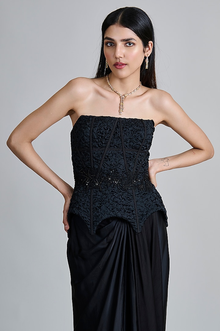 Black Satin Draped Skirt Set by Mishru at Pernia's Pop Up Shop