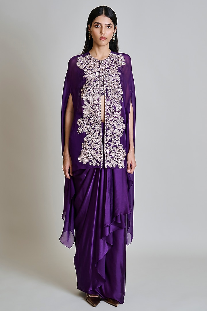 Purple Organza Floral Cape Set by Mishru at Pernia's Pop Up Shop