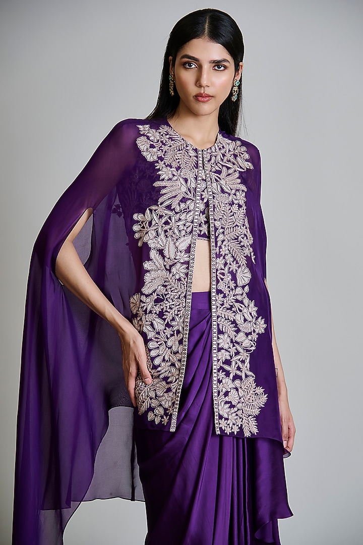 Purple Organza Floral Cape Set by Mishru at Pernia's Pop Up Shop