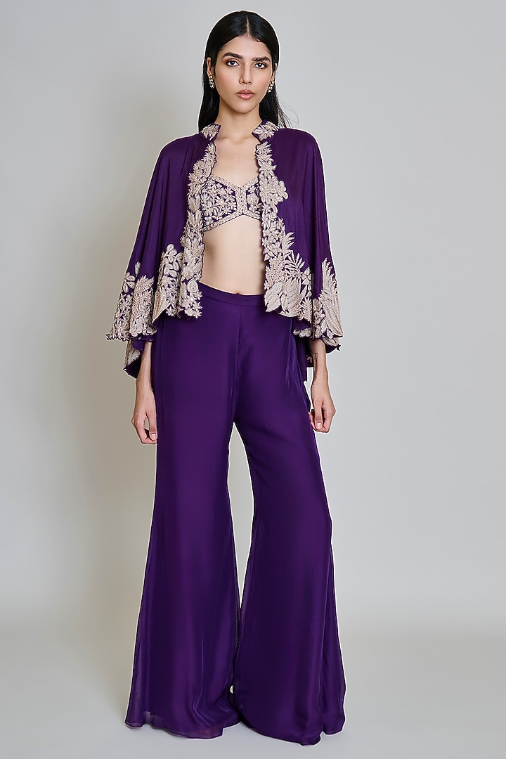 Purple Organza Floral Embroidered Round Cape Set by Mishru at Pernia's Pop Up Shop