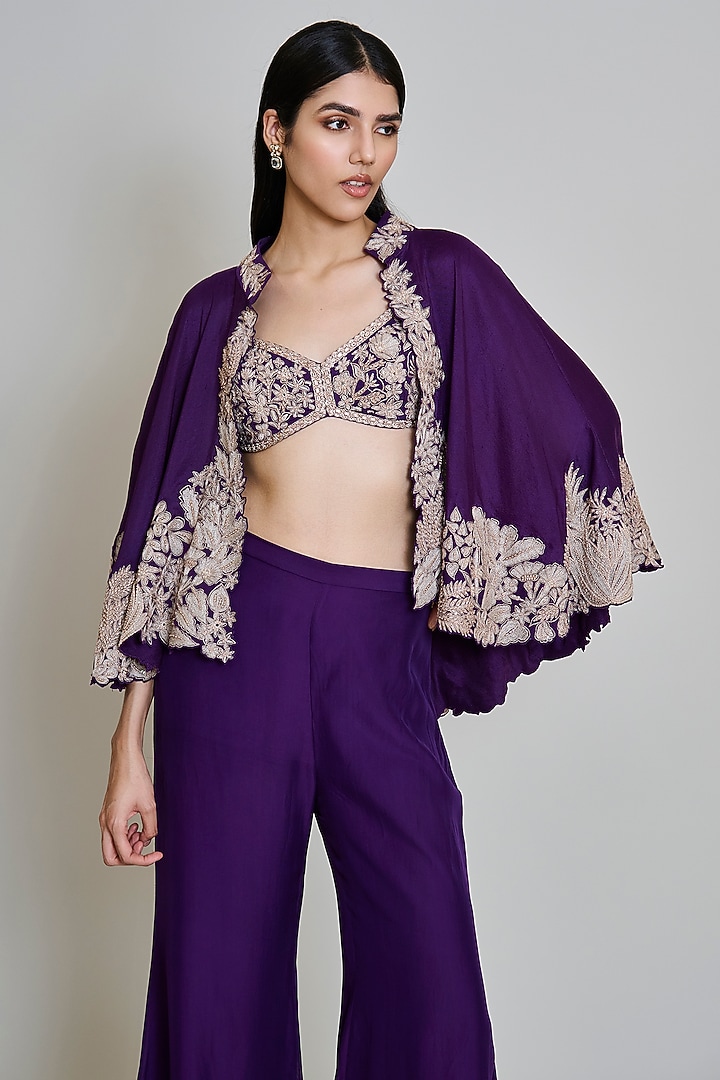 Purple Organza Floral Embroidered Round Cape Set by Mishru at Pernia's Pop Up Shop