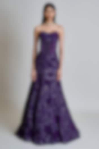 Purple Organza Applique Bridal Lehenga Set by Mishru at Pernia's Pop Up Shop