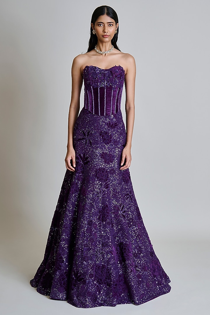 Purple Organza Applique Bridal Lehenga Set by Mishru at Pernia's Pop Up Shop