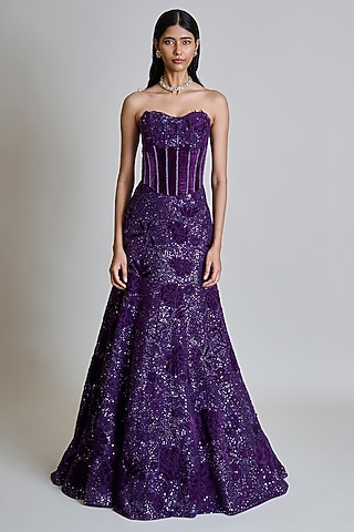 Purple Organza Applique Lehenga Set by Mishru