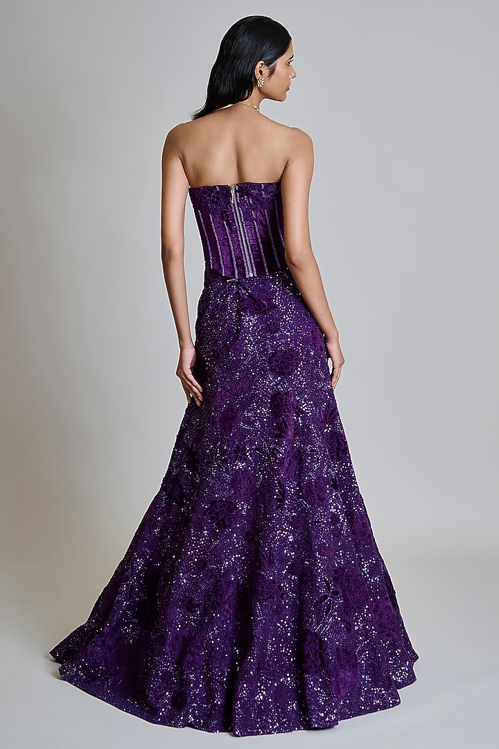 Purple Organza Applique Bridal Lehenga Set by Mishru at Pernia's Pop Up Shop