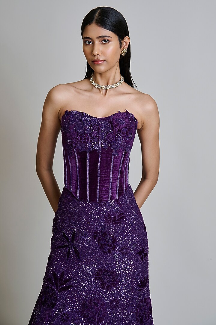 Purple Organza Applique Bridal Lehenga Set by Mishru at Pernia's Pop Up Shop