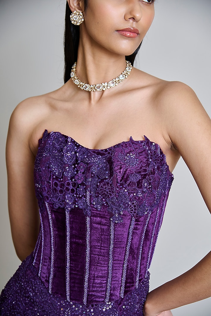 Purple Organza Applique Bridal Lehenga Set by Mishru at Pernia's Pop Up Shop
