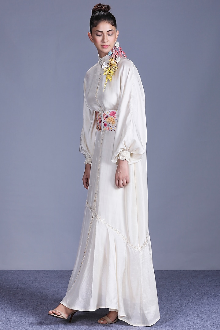 Ivory Dress With Embroidered Belt by Mishru