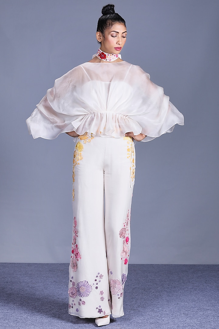 Ivory Sheer Top With Embroidered Pants by Mishru