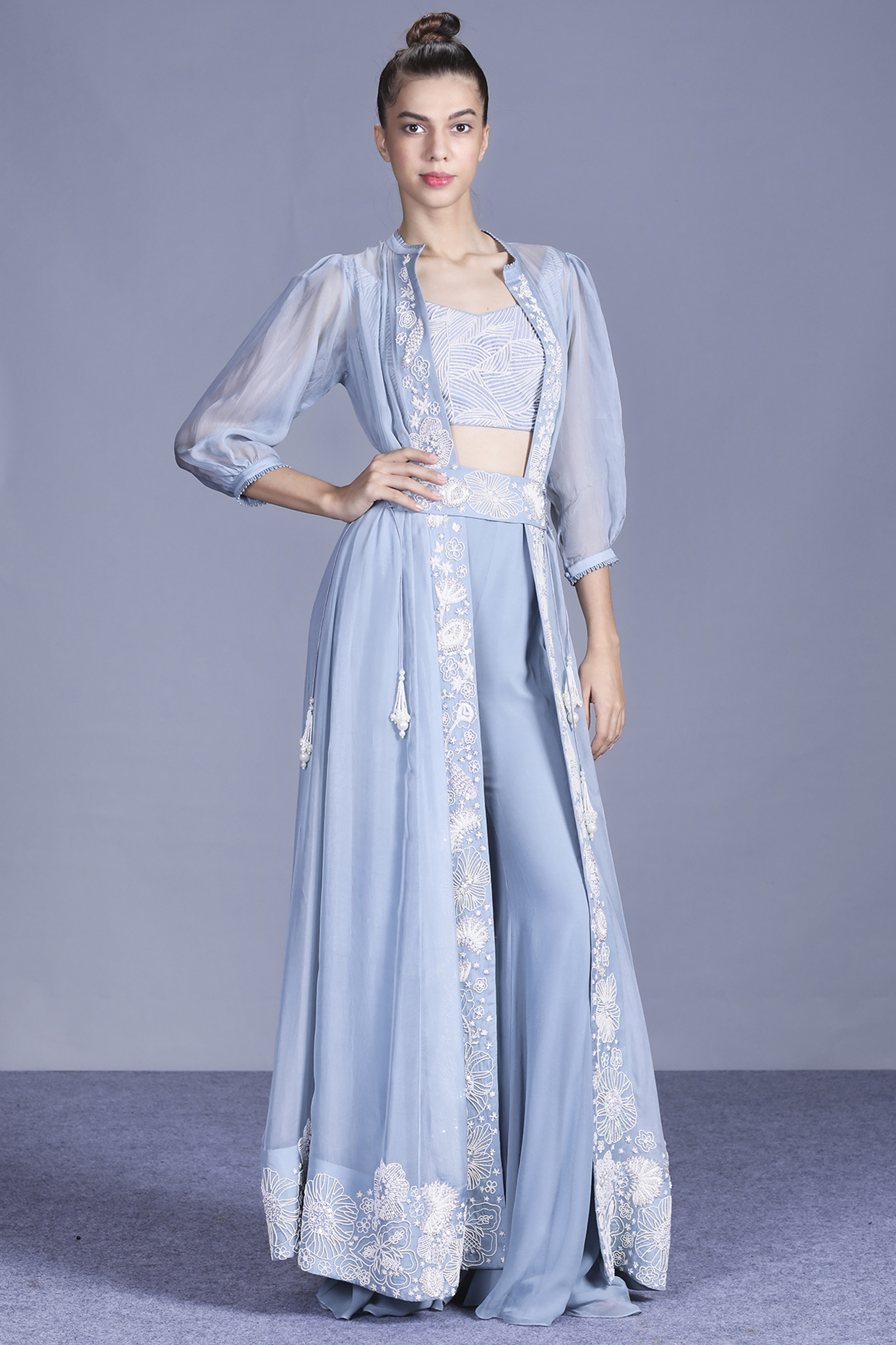 Cloud Blue Embroidered Jacket Set by Mishru