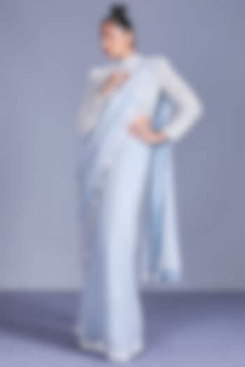 Cloud Blue Georgette & Tulle Striped Printed Saree Set by Mishru