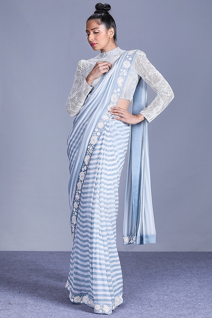 Cloud Blue Georgette & Tulle Striped Printed Saree Set by Mishru at Pernia's Pop Up Shop