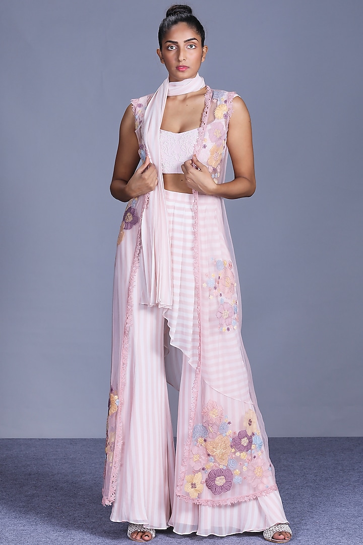 Blush Pink Embroidered Pant Saree Set by Mishru
