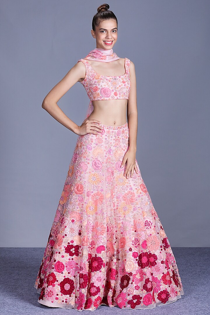 Blush Pink Embroidered Lehenga Set by Mishru