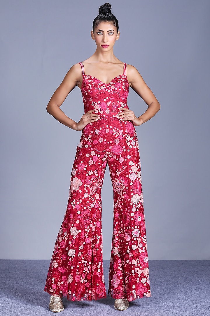 Hot Pink Embroidered Jumpsuit by Mishru