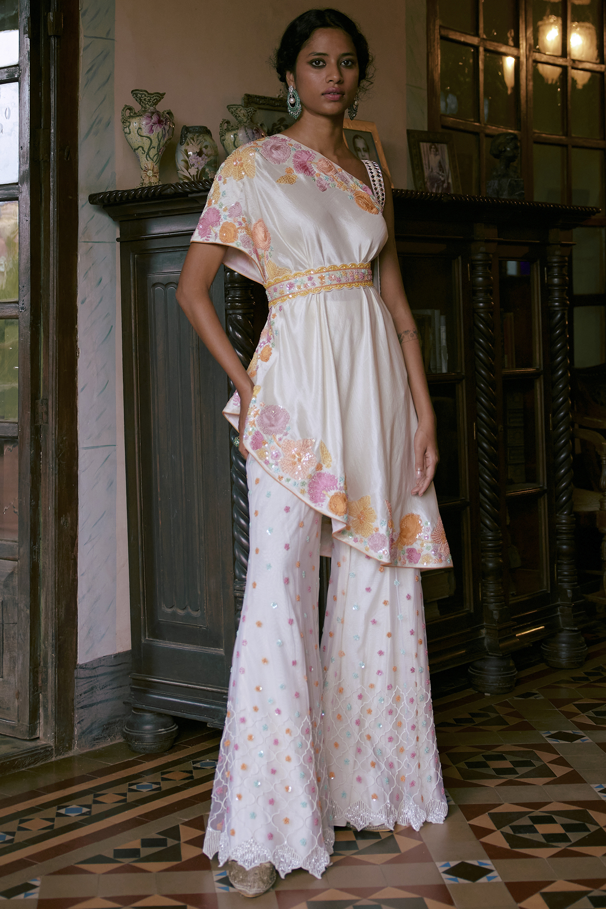 Ivory Floral Embroidered Sharara Set by Mishru