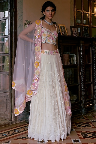 Ivory Jaal Geometric Embroidered Lehenga Set by Mishru