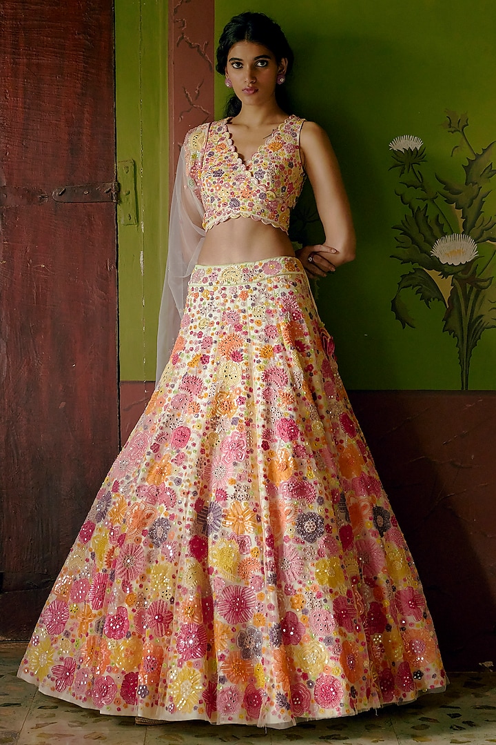 Ivory Lehenga Set With Multi-Colored Floral Embroidery by Mishru