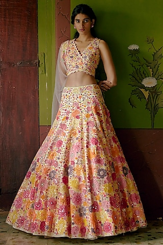 Ivory Lehenga Set With Multi-Colored Floral Embroidery by Mishru