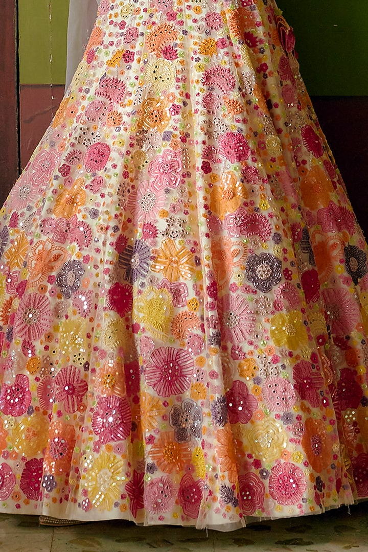 Ivory Bridal Lehenga Set With Multi-Colored Floral Embroidery by Mishru at Pernia's Pop Up Shop