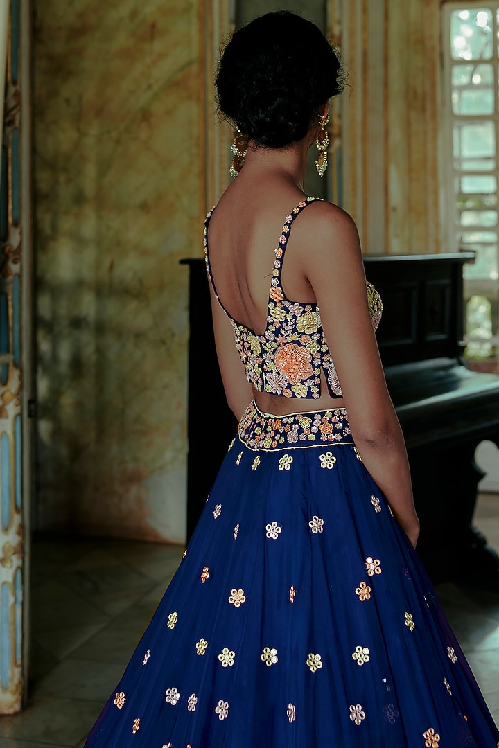 Dark Navy Blue Floral Embroidered Bridal Lehenga Set by Mishru at Pernia's Pop Up Shop
