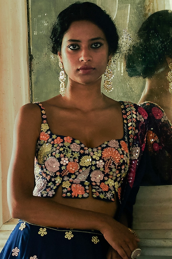 Dark Navy Blue Floral Embroidered Bridal Lehenga Set by Mishru at Pernia's Pop Up Shop