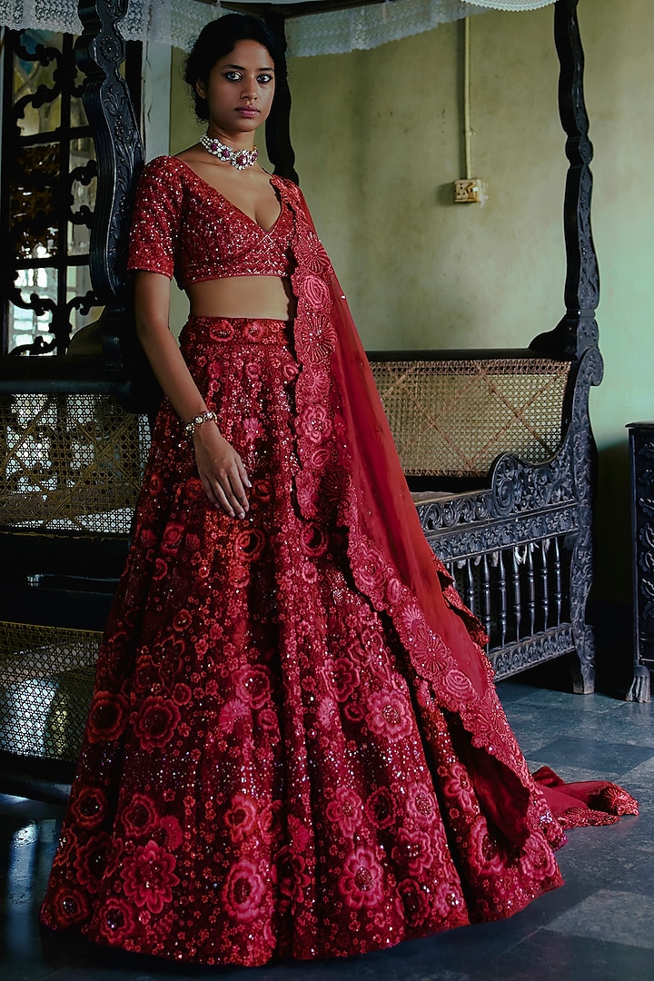 Dark Red Floral Embroidered Lehenga Set Design by Mishru at