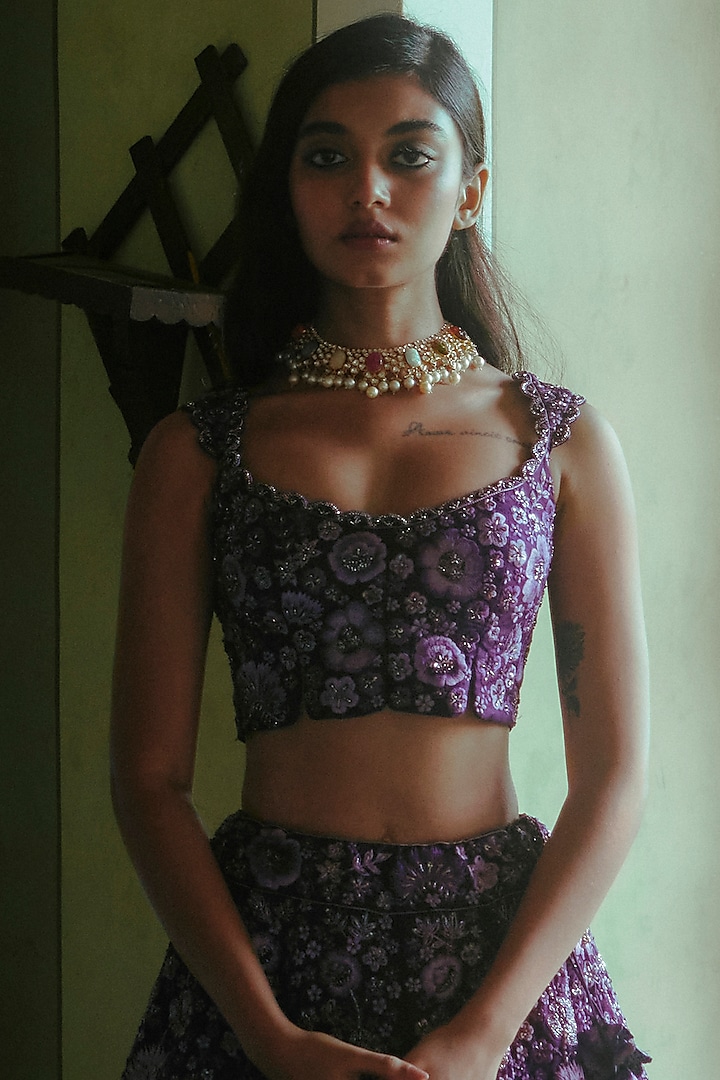 Dull Violet Floral Embroidered Bridal Lehenga Set by Mishru at Pernia's Pop Up Shop