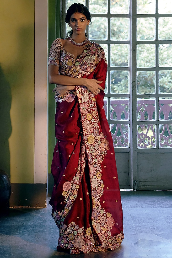 Dark Red Floral Embroidered Saree Set by Mishru